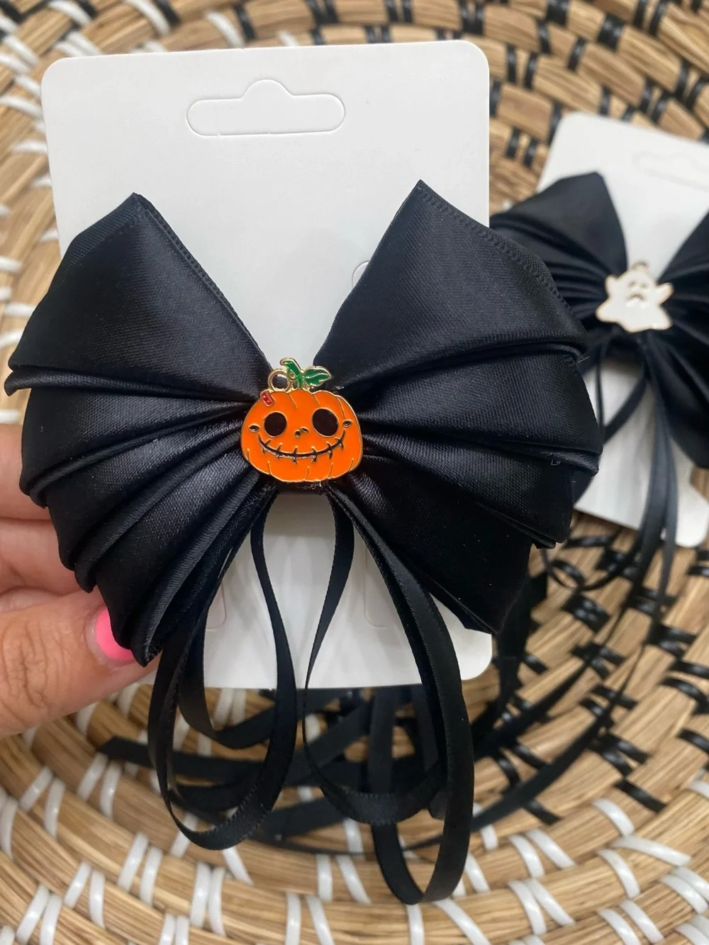 Kids Black Halloween Bow Hair Clip with Pumpkin and Ghost Charms
